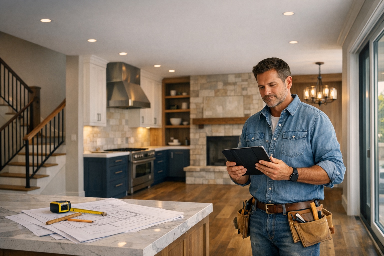 General contractor reviewing plans on a residential job site