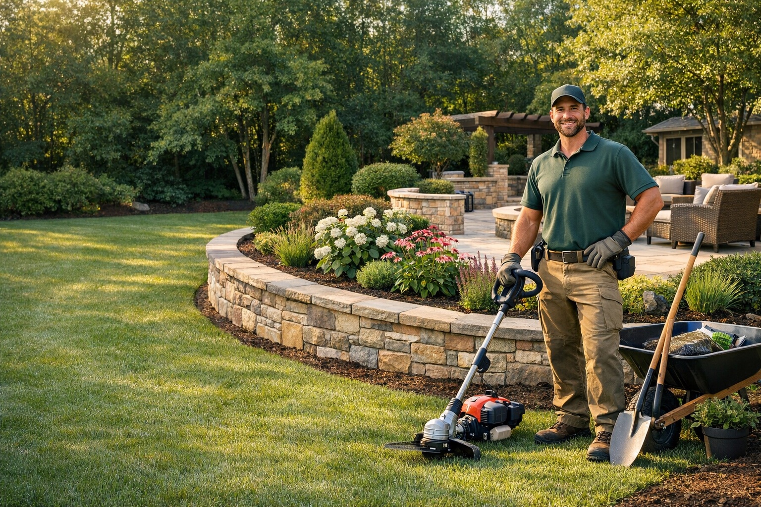 Professional landscaper in a polished residential outdoor space