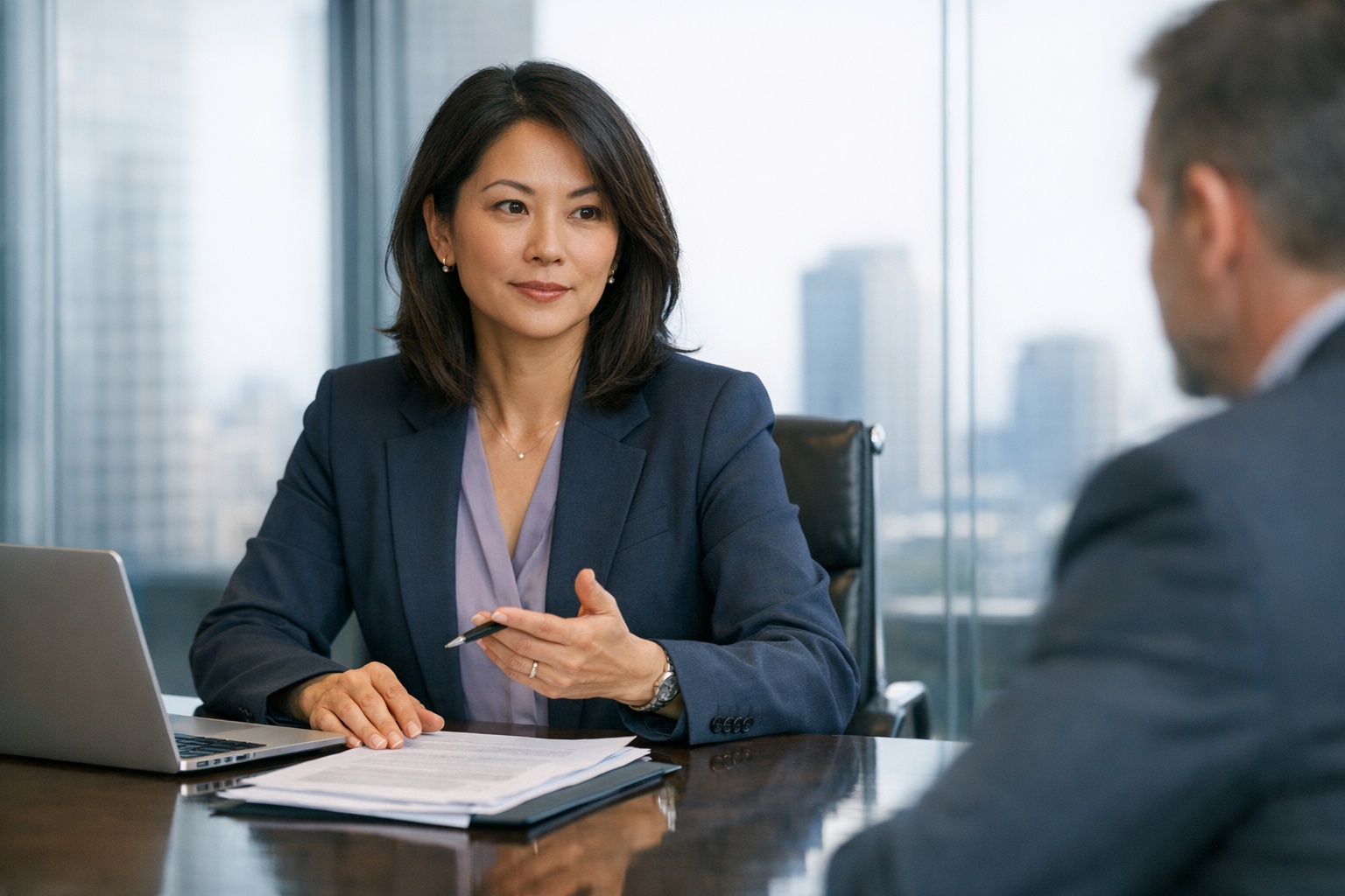 Business law attorney in a meeting