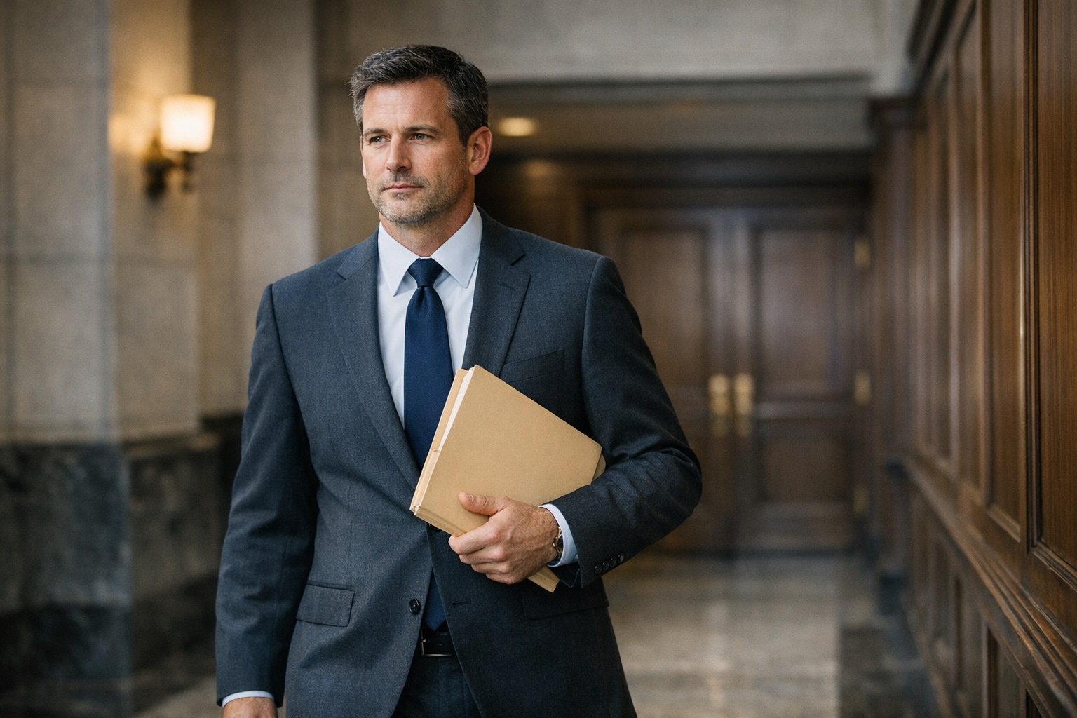 Criminal defense attorney in a courtroom setting