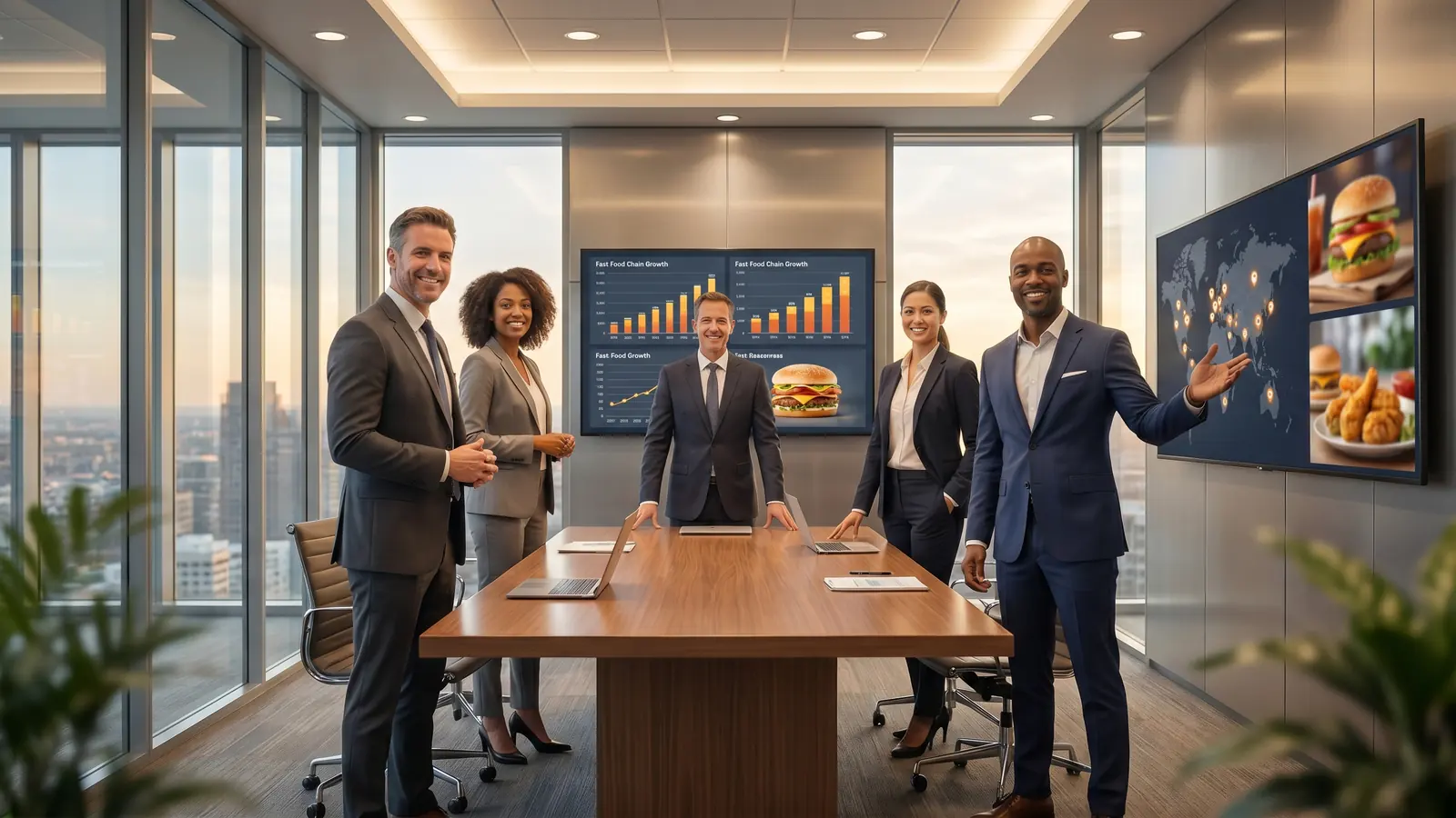 Franchise leadership team in modern boardroom