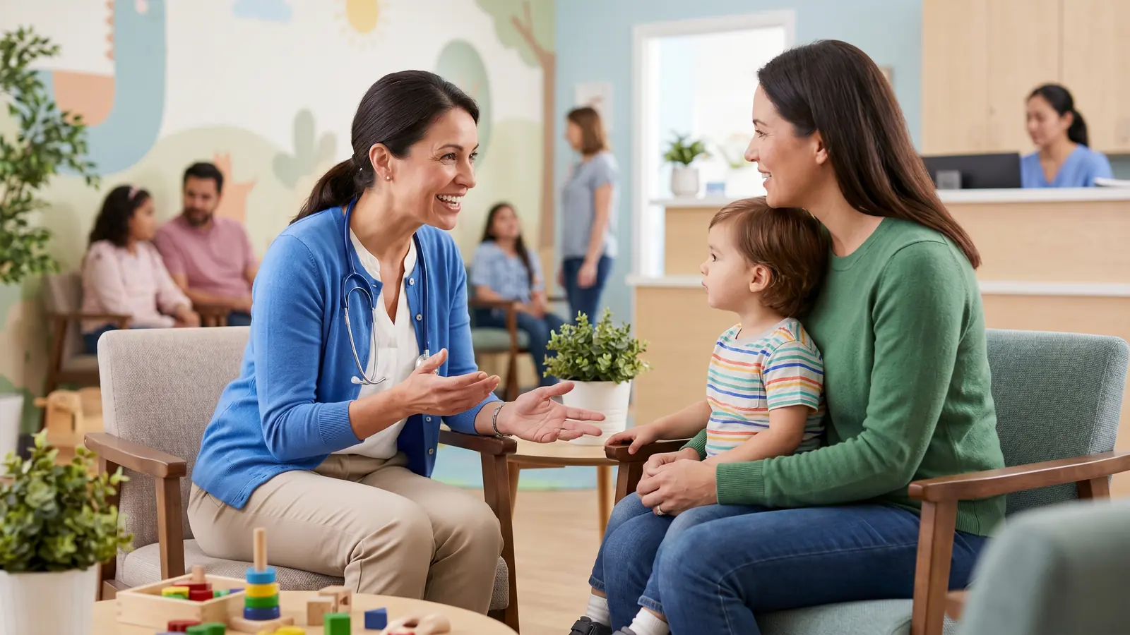 Pediatrician with a young patient and family