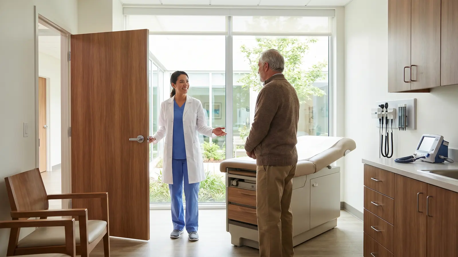 Primary care provider with a patient in a modern exam room