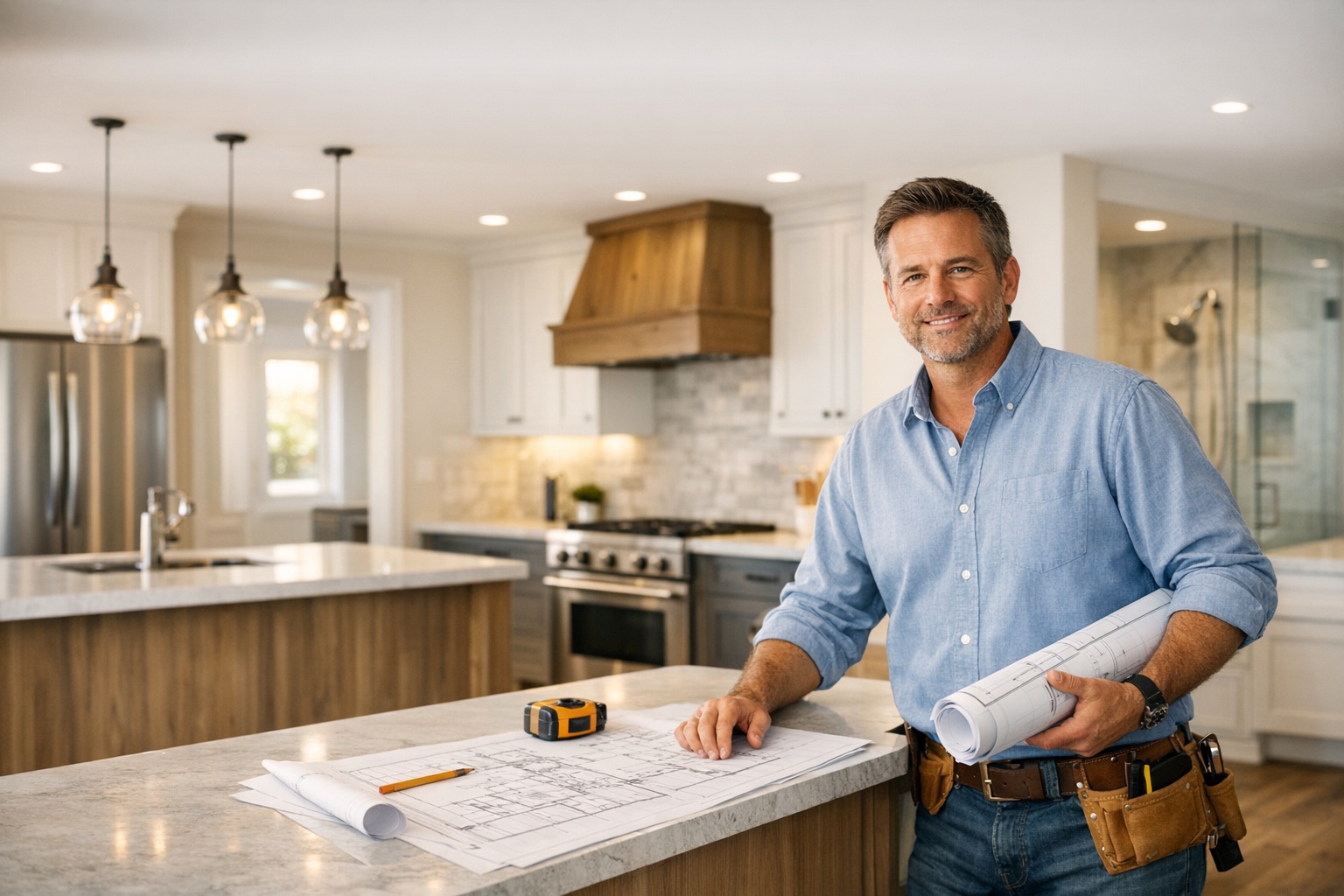 Remodeler reviewing kitchen plans on a residential renovation